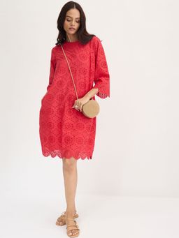 Femmella - Red Cotton Schiffli Knee Length Dress