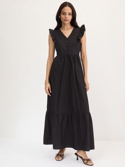 Femmella - Black Poplin Ruffle Maxi Dress