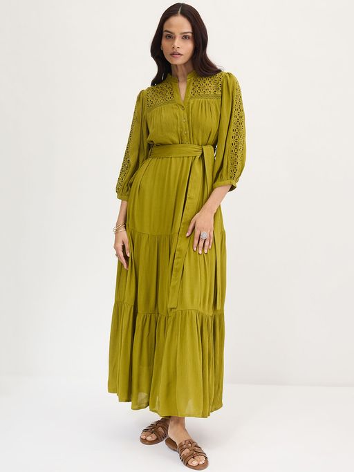Buy Femmella Citrine Green Schiffli Tiered Maxi Dress with Belt (Set of 2)  (XS) Online