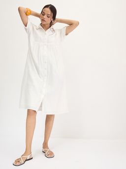 Femmella - Off White Cotton Button Down Shirt Midi Dress