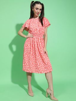 Oxolloxo - Women Pink Printed Round Neck Short Sleeve Smocked Waist Blouson Dress