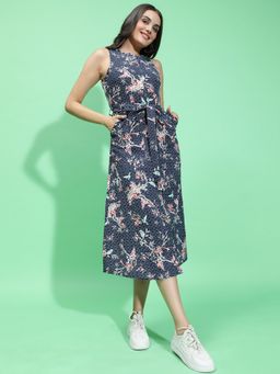 Oxolloxo - Women Sleeveless Floral Print Cotton Navy Blue Midi Dress with Belt (Set of 2)