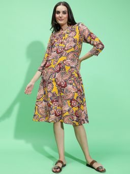 Oxolloxo - Women Multi-Color Printed V-Neck Long Sleeve Long Dress