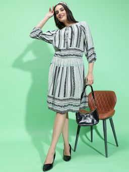Oxolloxo - Women Multi-Color Printed Round Neck With Tie-Knot Detail Long Sleeve Dress