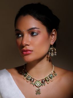 Dugran By Dugristyle - Green Cream and Gold Drop Earring with Kundan and Pearls