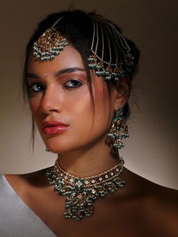 Dugran By Dugristyle - Green, White and Cream Drop Earring with Kundan and Pearls