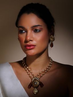 Dugran By Dugristyle - Brown Gold Drop Earring with Kundan and Pearls