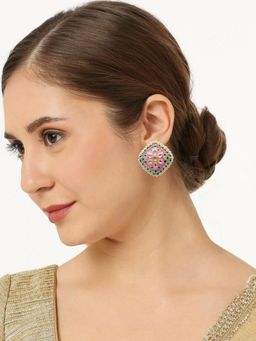 OOMPH - Pink and Mint Green Meenakari Large Stud Earrings for Women and Girls