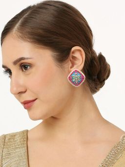 OOMPH - Rani Pink and Ferozi Blue Meenakari Large Stud Earrings for Women and Girls