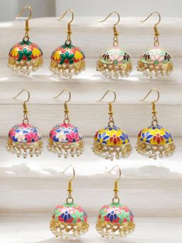 OOMPH - Combo Of 5 Meenakari Jhumka Earrings - Pink, Yellow and Green - for Women and Girls