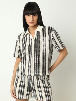 VERO MODA - Beige Self Design Polo T-Shirt