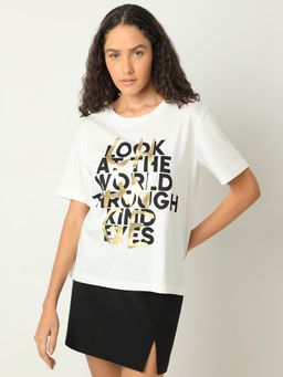 VERO MODA - White Typographic Print Cotton T-Shirt