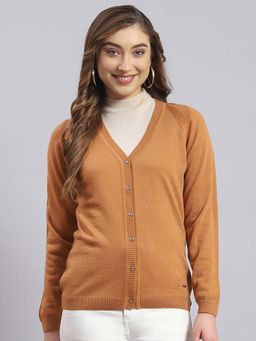Monte Carlo - Women's Solid Brown V Neck Full Sleeve Cardigan