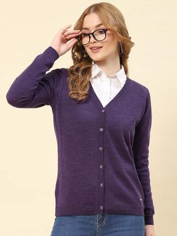 Monte Carlo - Women's Solid Purple V Neck Full Sleeve Cardigan