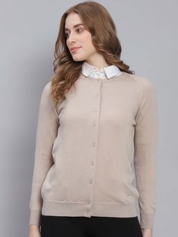 Monte Carlo - Women's Solid Beige Full Sleeve Cardigan