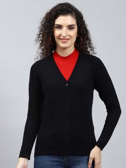 Monte Carlo - Women's Solid Black V Neck Full Sleeve Cardigan
