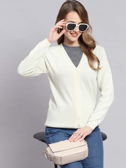 Monte Carlo - Women's Solid Off White V Neck Full Sleeve Cardigan
