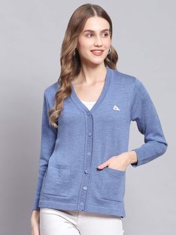 Monte Carlo - Women's Solid Blue V Neck Full Sleeve Cardigan