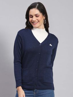 Monte Carlo - Women's Solid Navy Blue V Neck Full Sleeve Cardigan
