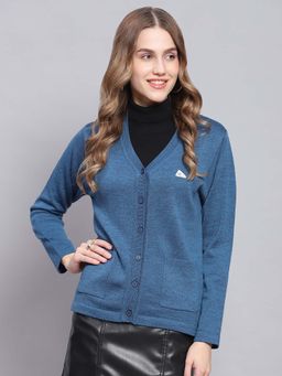 Monte Carlo - Women's Solid Blue V Neck Full Sleeve Cardigan