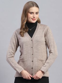 Monte Carlo - Women's Solid Brown V Neck Full Sleeve Cardigan