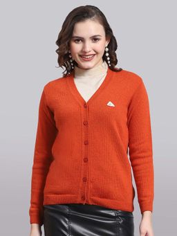 Monte Carlo - Women's Solid Orange V Neck Full Sleeve Cardigan