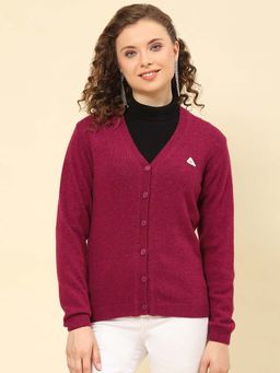 Monte Carlo - Women's Solid Wine V Neck Full Sleeve Cardigan