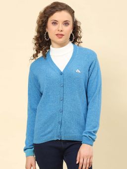 Monte Carlo - Women's Solid Blue V Neck Full Sleeve Cardigan