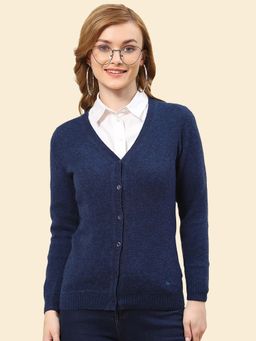 Monte Carlo - Women's Solid Navy Blue V Neck Full Sleeve Cardigan