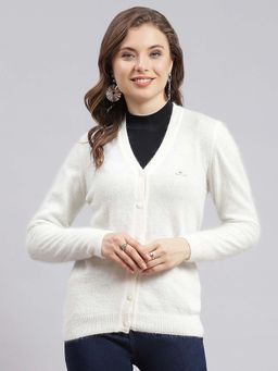 Monte Carlo - Women's Solid Off White V Neck Full Sleeve Cardigan