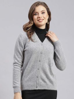 Monte Carlo - Women's Solid Grey V Neck Full Sleeve Cardigan