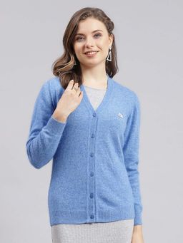 Monte Carlo - Women's Solid Blue V Neck Full Sleeve Cardigan