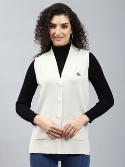 Monte Carlo - Women's Solid Off White V Neck Sleeveless Cardigan