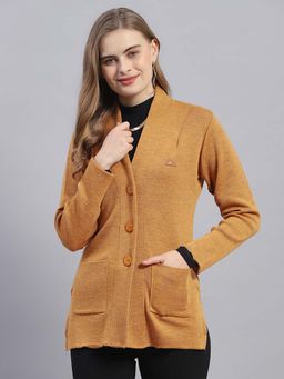 Monte Carlo - Women's Solid Mustard V Neck Full Sleeve Cardigan