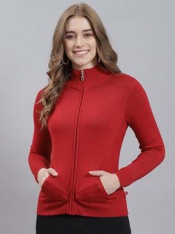 Monte Carlo - Women's Solid Red Full Sleeve Cardigan