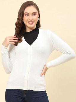 Monte Carlo - Women's Solid Off White V Neck Full Sleeve Cardigan