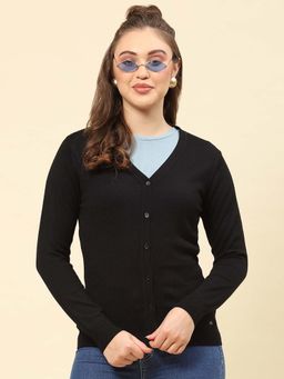 Monte Carlo - Women's Solid Black V Neck Full Sleeve Cardigan
