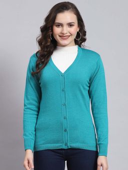 Monte Carlo - Women's Solid Turquoise V Neck Full Sleeve Cardigan