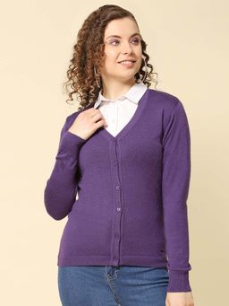 Monte Carlo - Women's Solid Purple V Neck Full Sleeve Cardigan