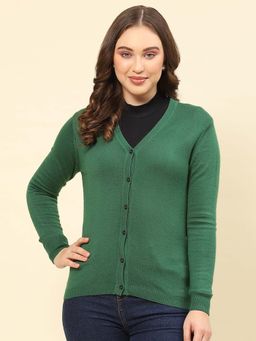 Monte Carlo - Women's Solid Green V Neck Full Sleeve Cardigan