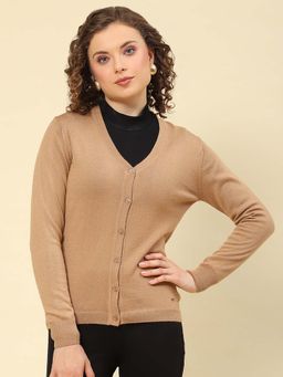 Monte Carlo - Women's Solid Beige V Neck Full Sleeve Cardigan