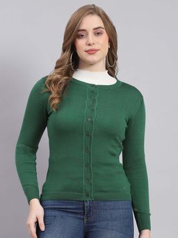 Monte Carlo - Women's Solid Green Full Sleeve Cardigan