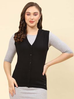 Monte Carlo - Women's Solid Black V Neck Sleeveless Cardigan
