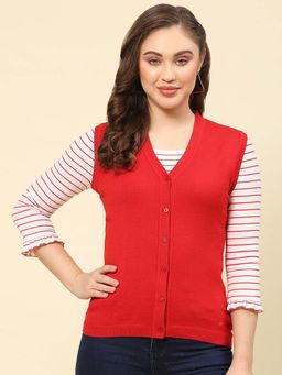 Monte Carlo - Women's Solid Red V Neck Sleeveless Cardigan
