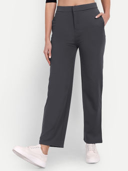BROADSTAR - Women's High-Rise Stretchable Dark Grey Straight Fit Korean Trousers