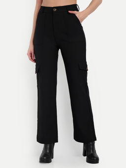 BROADSTAR - Women's High-Rise Stretchable Black Straight Fit Corduroy Cargo