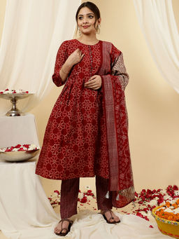 Jaipur Kurti - Red Bandhani Flared Print Kurta with Pants & Dupatta (Set of 3)