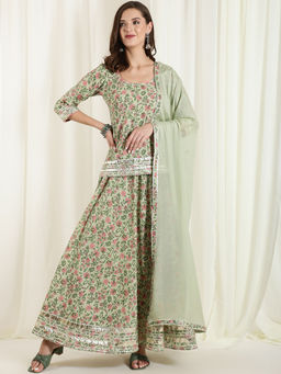 Jaipur Kurti - Green Floral Print Short Kurta with Skirt & Dupatta (Set of 3)