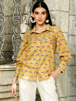 Jaipur Kurti - Mustard Lotus Print Full Sleeved Shirt