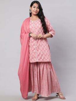 Jaipur Kurti - Plus Size Pink Ethnic Printed Kurta with Sharara & Chiffon Dupatta (Set of 3)